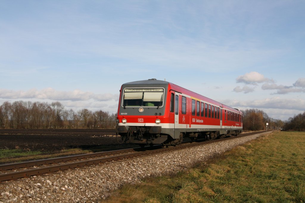 Am 08.12.11 wurde 628 630-6 bei Heiligenstatt Richtung Mhldorf fotografiert.
