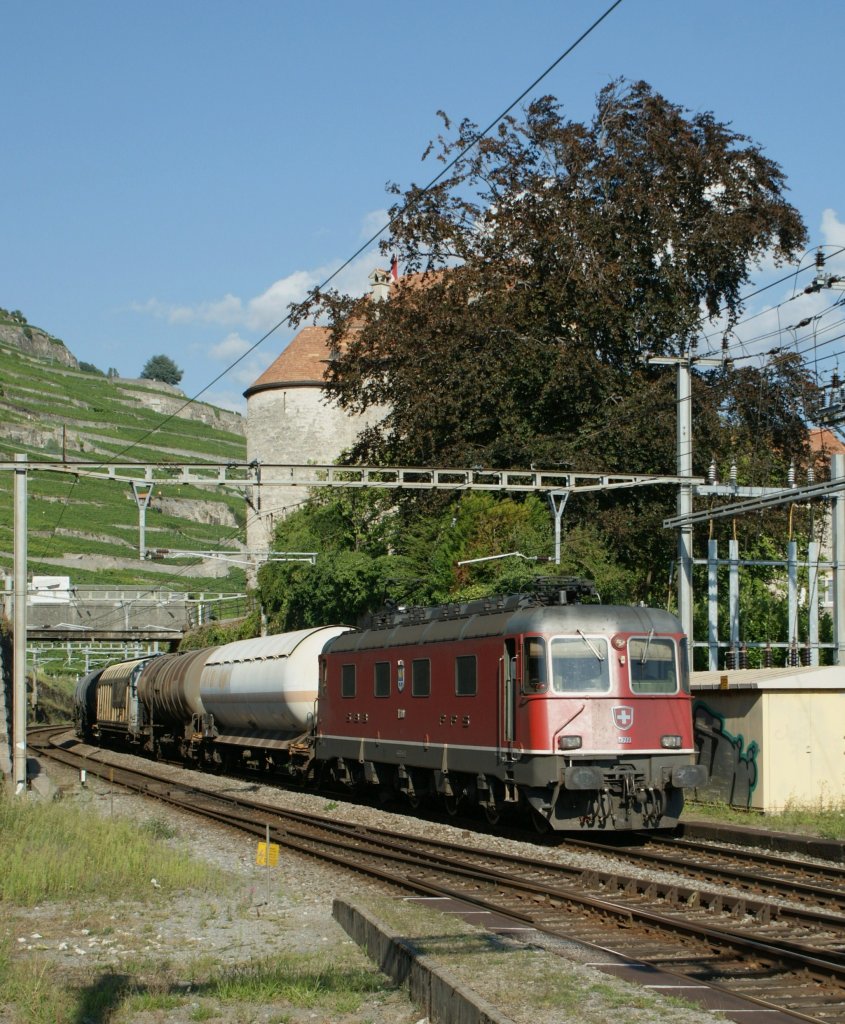 Bei einem besonders fotogenen Sonnestand fhrt die Re 6/6 11609 mit einem Gterzug durch die Station Rivaz.
4. Aug. 2009