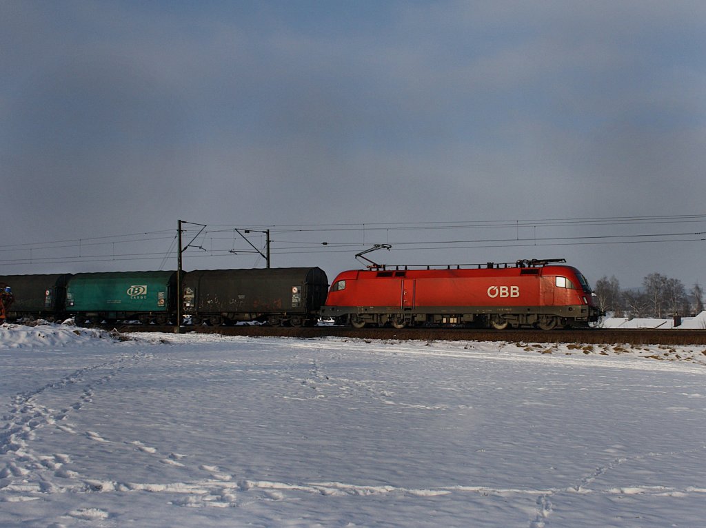 Die 1116 146 am 16.01.2010 mit einem Blechrollenzug unterwegs bei Ostermnchen. 
