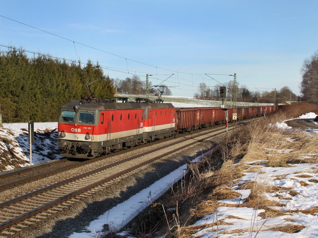 Die 1144 220 und die 1144 254 am 06.02.2011 mit einem Stahlschrottzug unterwegs bei Grokarolinenfeld (B Vogl). 
