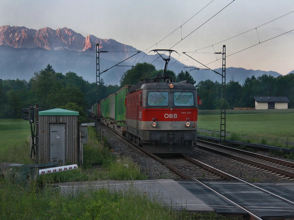 Die 1144 236 am 05.06.2010 mit dem Hangartner KLV-Zug unterwegs bei Niederaudorf. 
