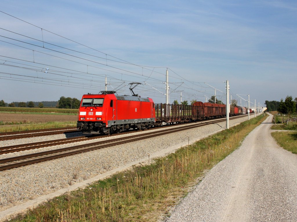 Die 185 366 am 24.09.2011 mit einem Gterzug unterwegs bei Hattenhofen.