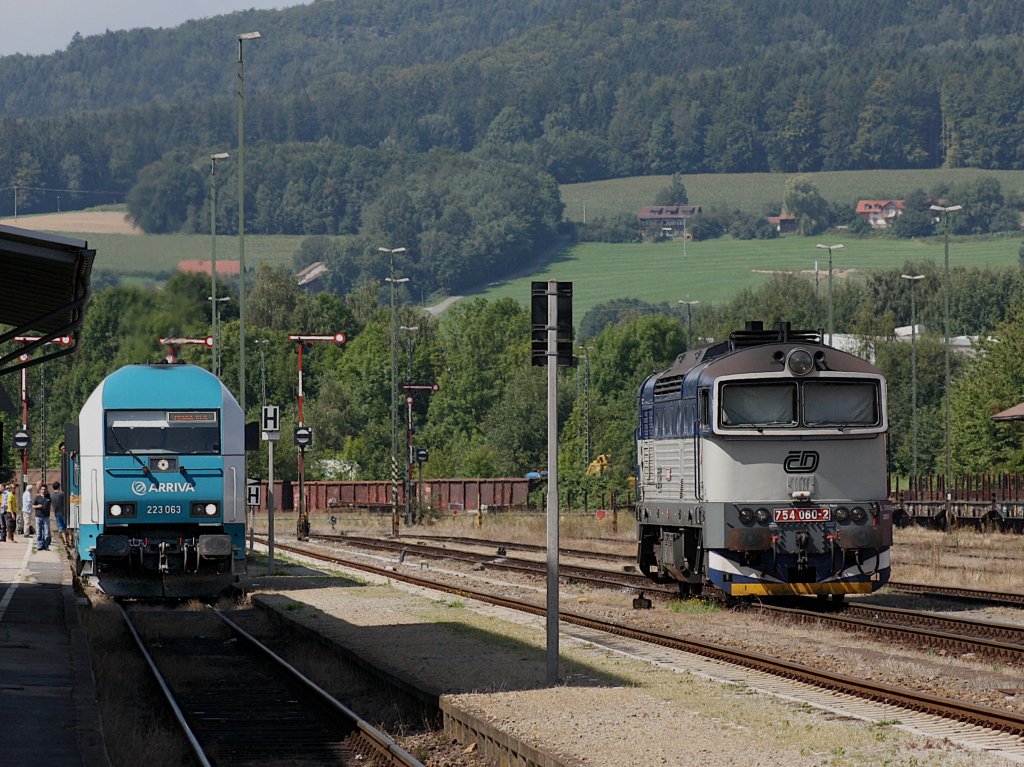 Die 223 063 mit dem ALEX nach Prag und die 754 060 abgestellt in Furt im Wald.