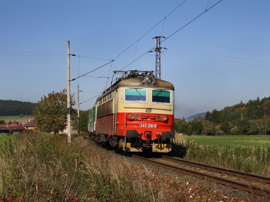 Die 242 218 am 10.10.2010 mit einem Personenzug unterwegs bei Dehtin.
