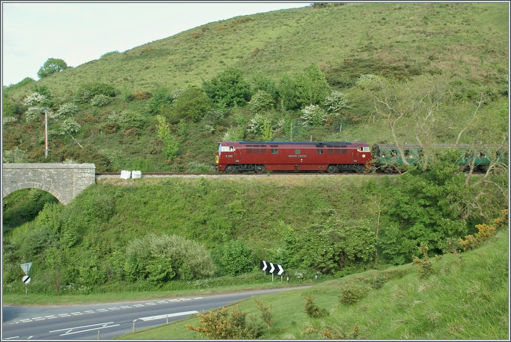 Die D 1062  Western Courier  Class 52 bei der Swanage Diesel Gala am 8. Mai bei Corfe Castle. 
