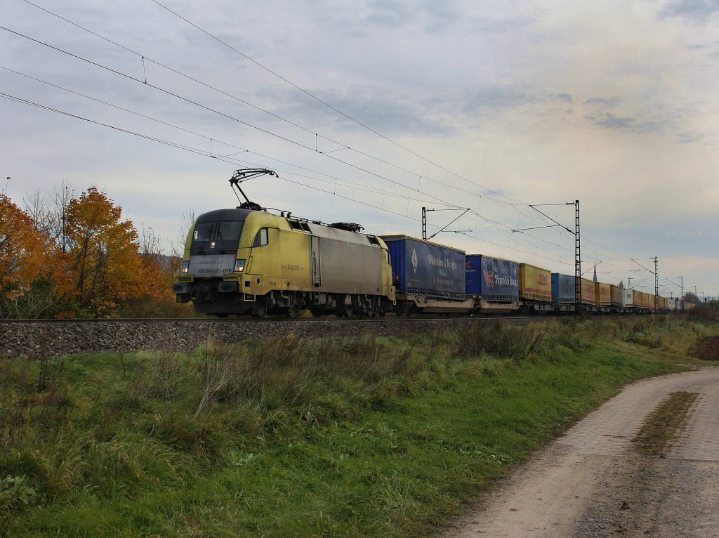 Die ES 64 U2-010 am 30.10.2010 mit einem KLV-Zug unterwegs bei Thngersheim. 

