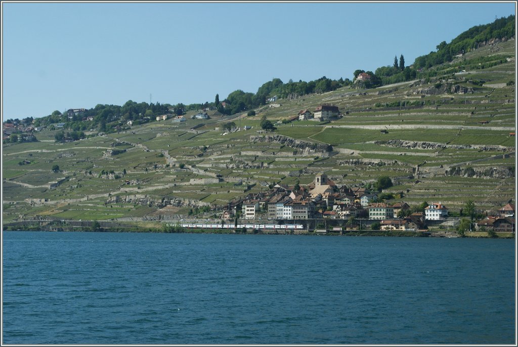 Durch die Weinlandschaft des Lauvaux fahren zwei RABe 511 ihrem nahen Ziel Vevey entgegen.6. Juni 2013