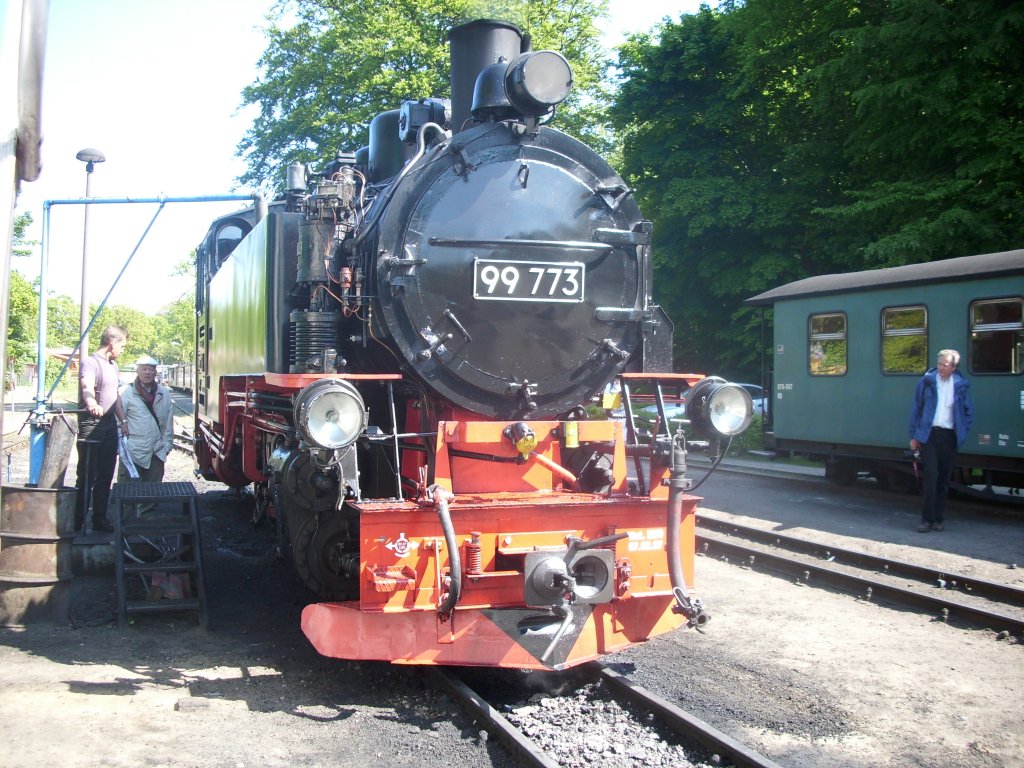 Eine Abstecher nach Rgen machte die eigentlich bei der Fichtelbergbahn fahrende 99 (1)773.Am 22.Mai 2008 nahm Sie Wasser am Lokschuppen von Ghren.