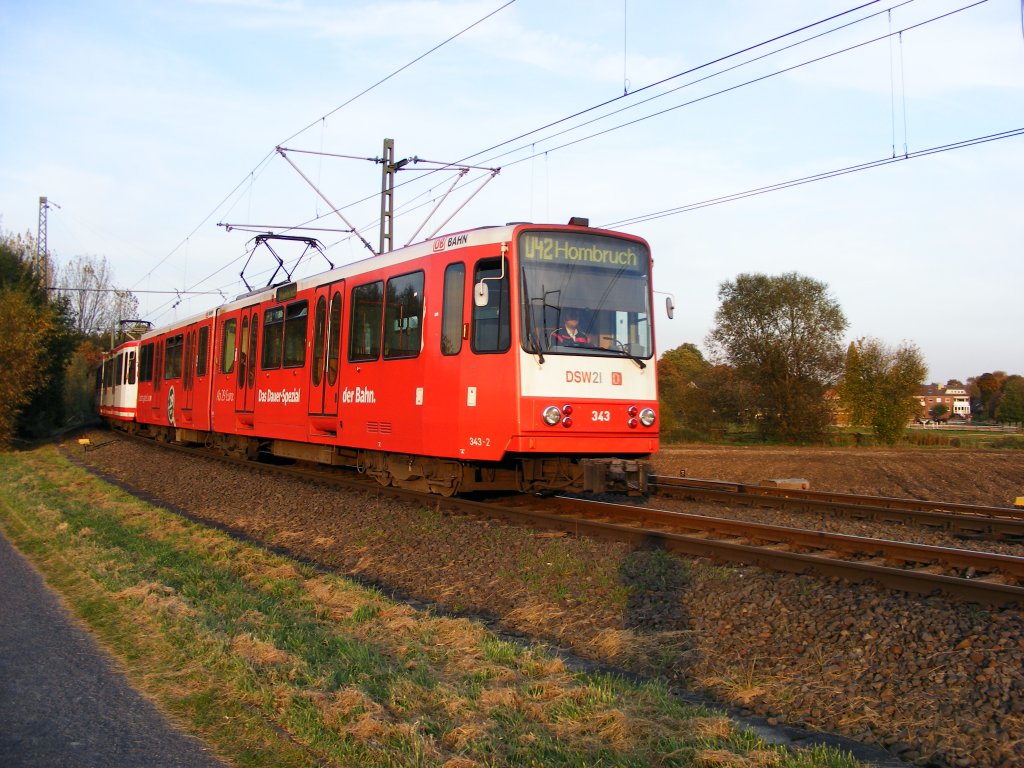 Eine Doppeltraktion aus Stadtbahnwagen B der Dortmunder Stadtwerke ist am spten Nachmittag des 14. Oktober 2008 zwischen Grevel und Scharnhorst unterwegs.