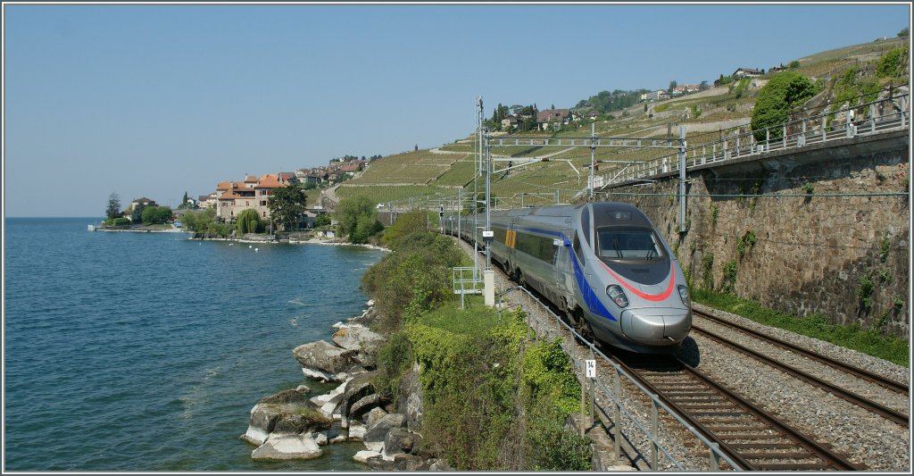 FS ETR 610 auf dem Weg von Milano nach Genve bei St-Saphorin am 26. April 2011.