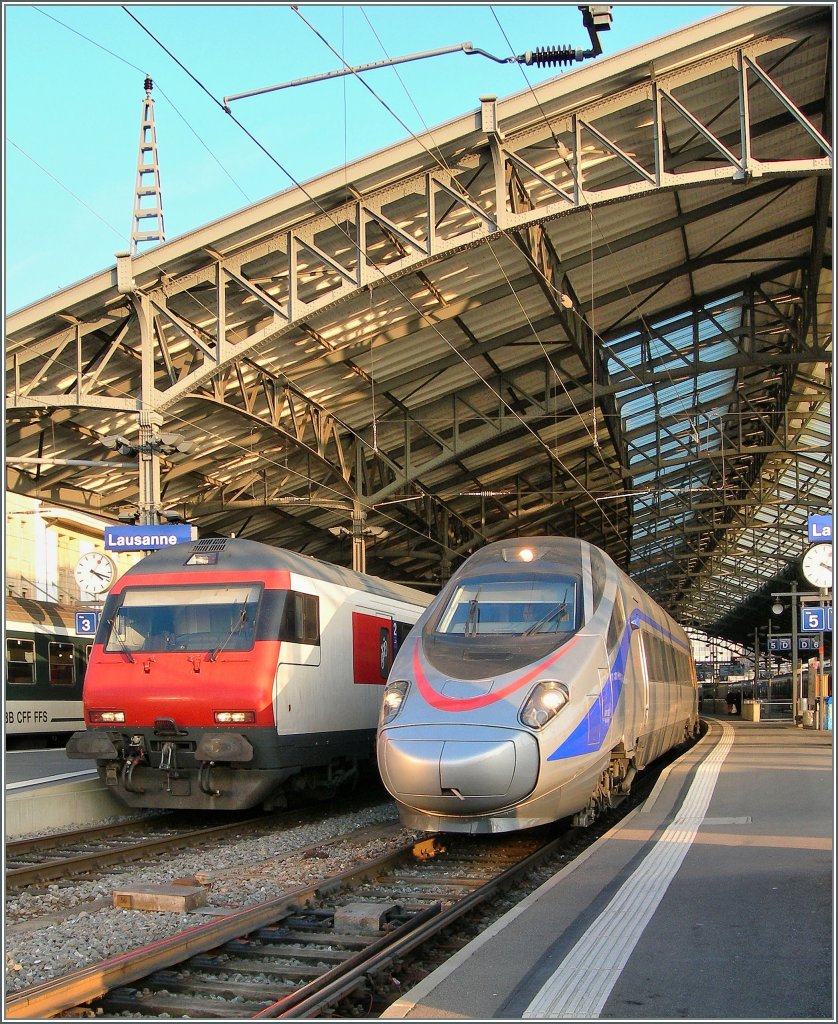 FS ETR 610 von Milano nach Genve beim Halt in Lausanne. 
27. Jan. 2011