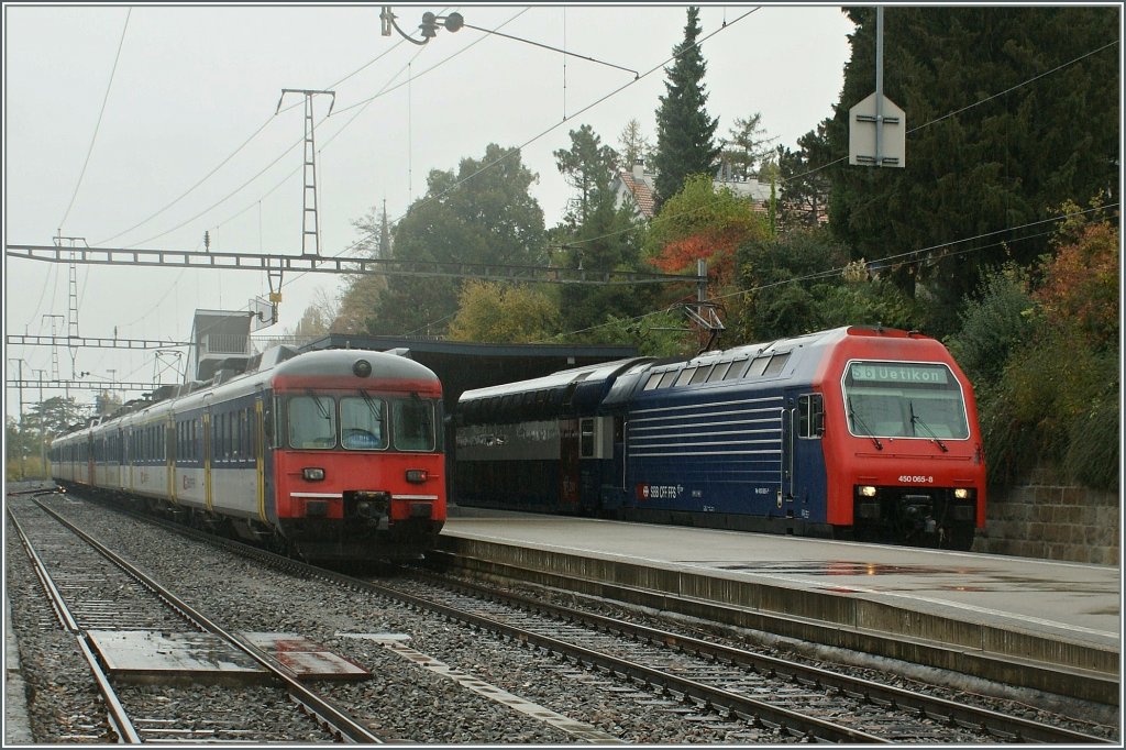 Herrliberg - Feldmeilen, Wende-Bahnhof der S 16 aus Thayngen. Auf dem Nachbargleis hlt ein Re 450 mit ihrem S-Bahn Zug Richtung Rapperswil. 
28. Oktober 2008