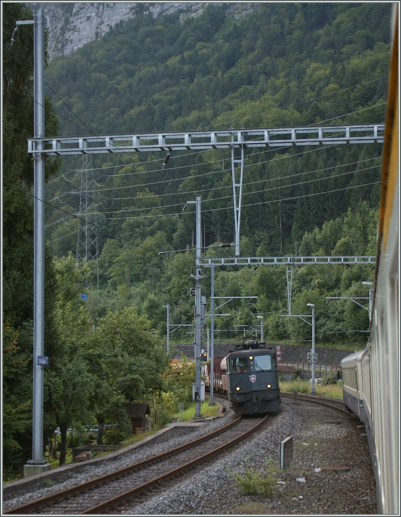 In Drlingen kreuzt unser Regionalzug nach Interlalen eine Ae 6/6 auf dem Weg nach Spiez. 
20. August 2012
