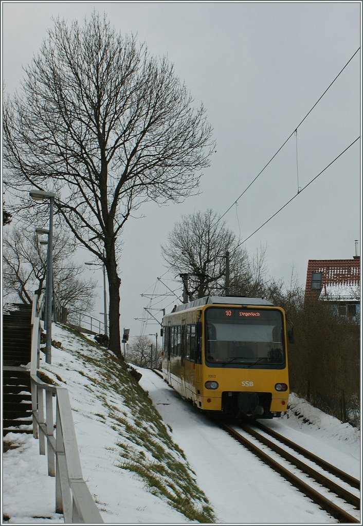 Kein Schweizer Zahnradbergbahn sondern Stuttgart SSB  Zacke  auf dem steilen Weg nach Degerloch am 13. Mrz 2010  