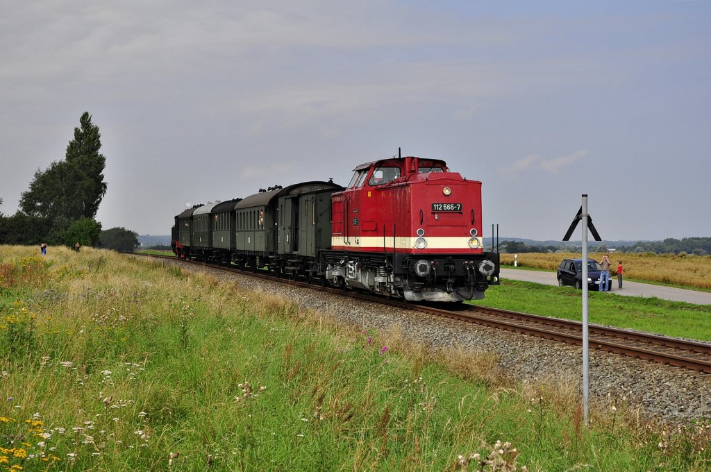 Mit der Schweriner 91 134 rumpelt die 112 565 der Press mit dem Pendelzug Bad Doberan-Rostock Hbf durch Klein Schwa.Anlsslich der in Bad Doberan stattfindenden Feier  125 Jahre Molli  verkehrte dieser interessante Zug.