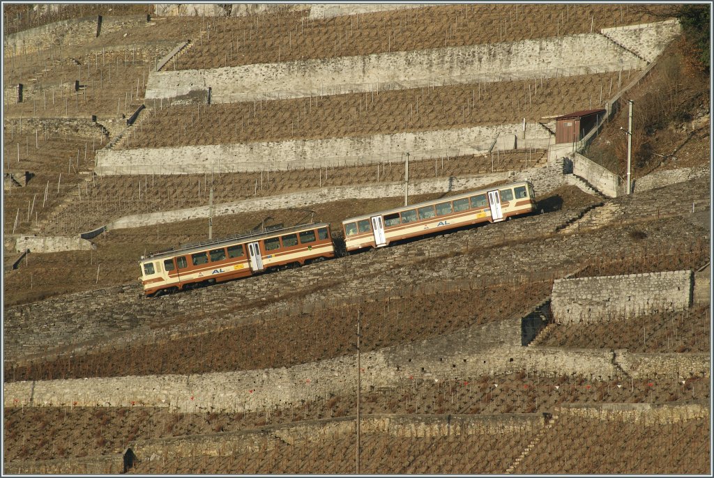 Solche Neigungen kann man nur mit Zahnstangenbetrieb bewltigen.
A-L Regionalzug in den Weinbergen bei Aigle am 4. Feb 2011. 