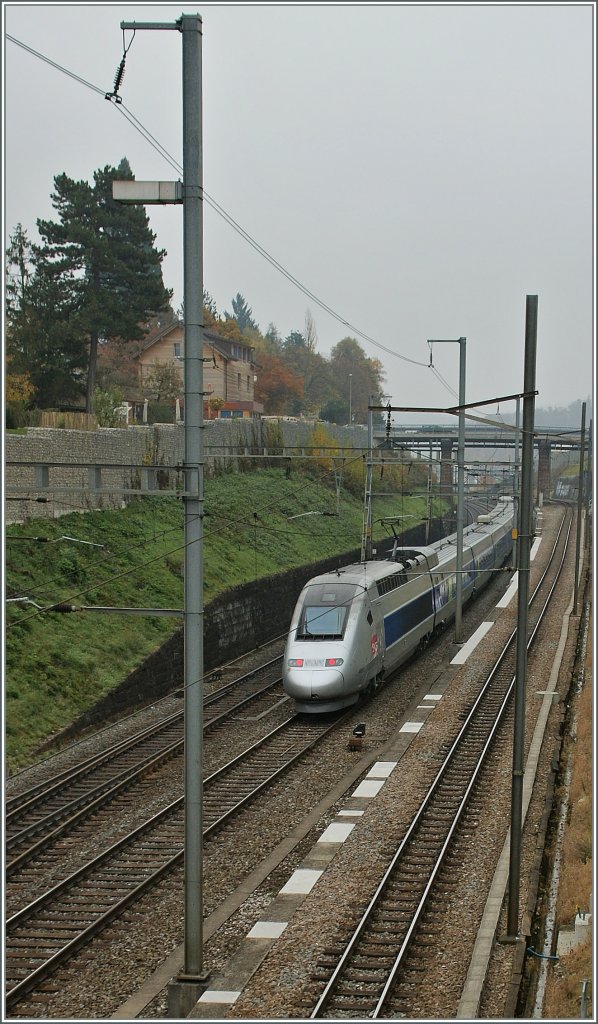TGV  Lyria  auf dem Weg von Paris nach Zrich bei der Durchfahrt in Liestal. 
6. Nov. 2011