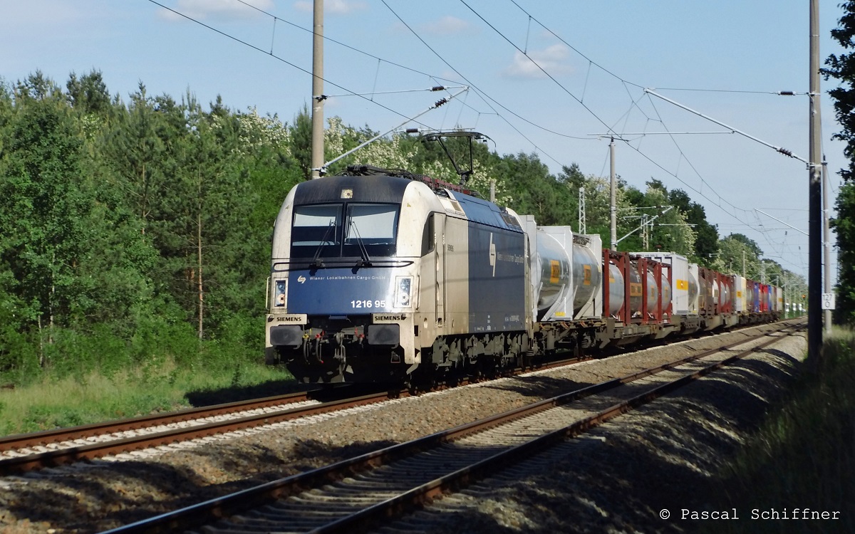 1216 951 zieht einen KLV aus Ruhland nach Duisburg. Hier bei Elsterwerda-Biehla, 21.05.2014.