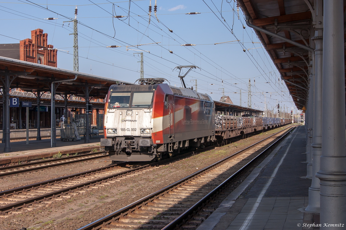 185-CL 002 (185 502-2) Captrain Deutschland GmbH für TWE - Teutoburger Wald-Eisenbahn AG mit einem Güterzug in Stendal und fuhr weiter in Richtung Wolfsburg. 15.04.2015
