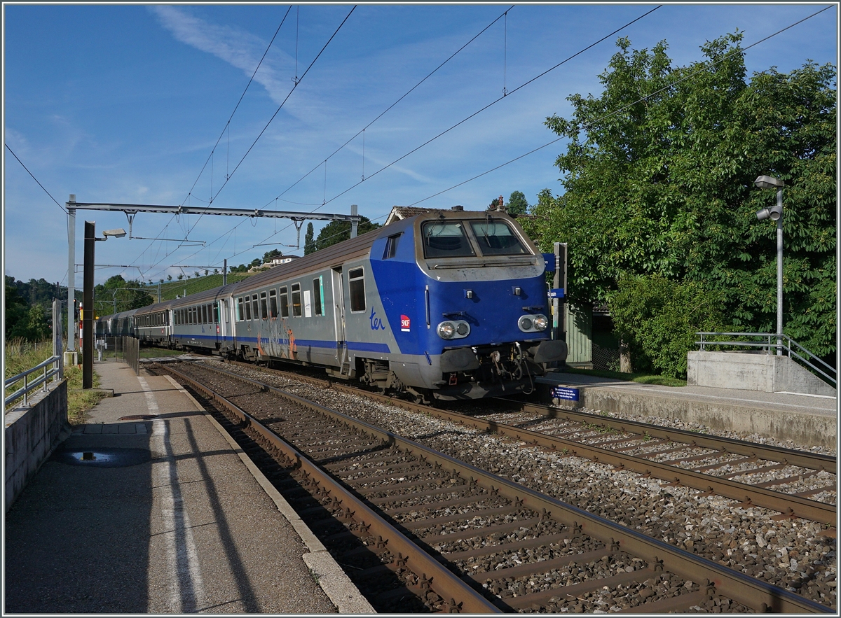 An der Spite der TER von Lyon nach Genève ist dieser  Coraille -Steuerwagen gereiht. 
Russin, den 20. Junmi 2016