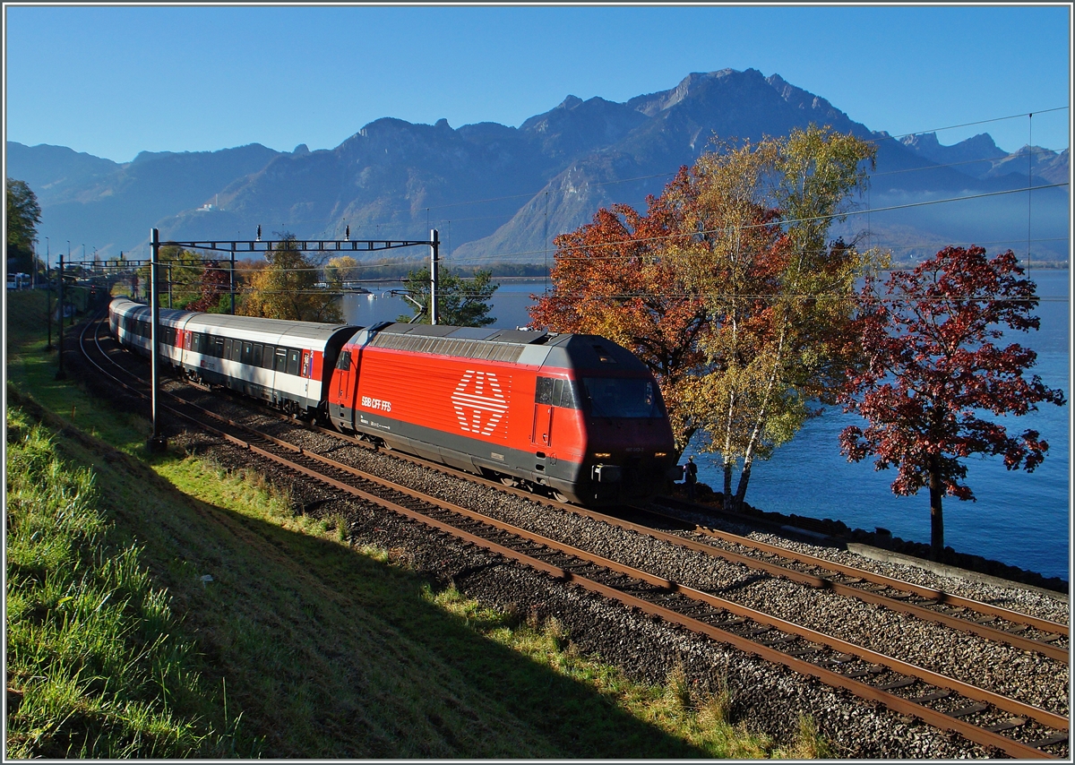 Bei herbstichem Gegenlicht fotografierte ich am 1. Nov. 2014 dieser Re 460 mit einem IR nach Genève Aéroport kurz nach Villeneuve.
