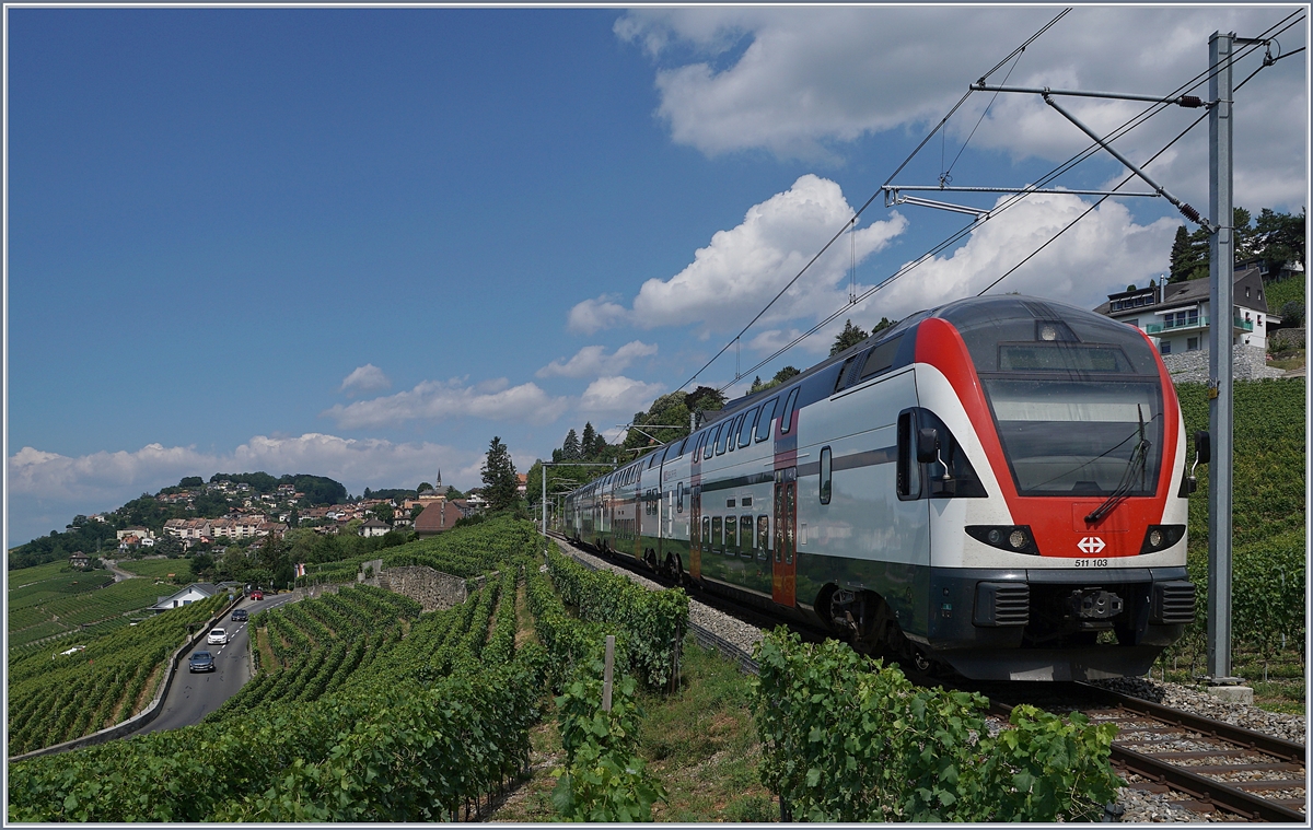 Der SBB RABe 511 103 als RE Genève - Vevey - Fribourg in den Weinbergen bei Chexbres.
10. Juli 2018