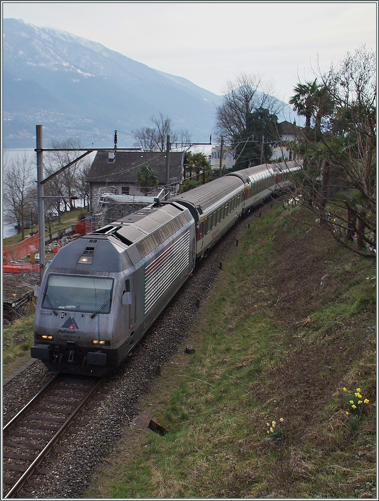 Die Re 460 107-6 mit eienm IR kurz nach Locarno.
18. März 2015