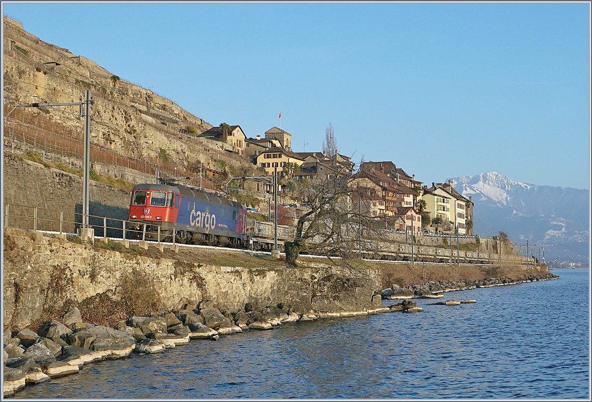 Die SBB Re 620 034-9 mit einem Güterzug Richtung Lausanne bei St-Saphorin.

25. Jan. 2019  