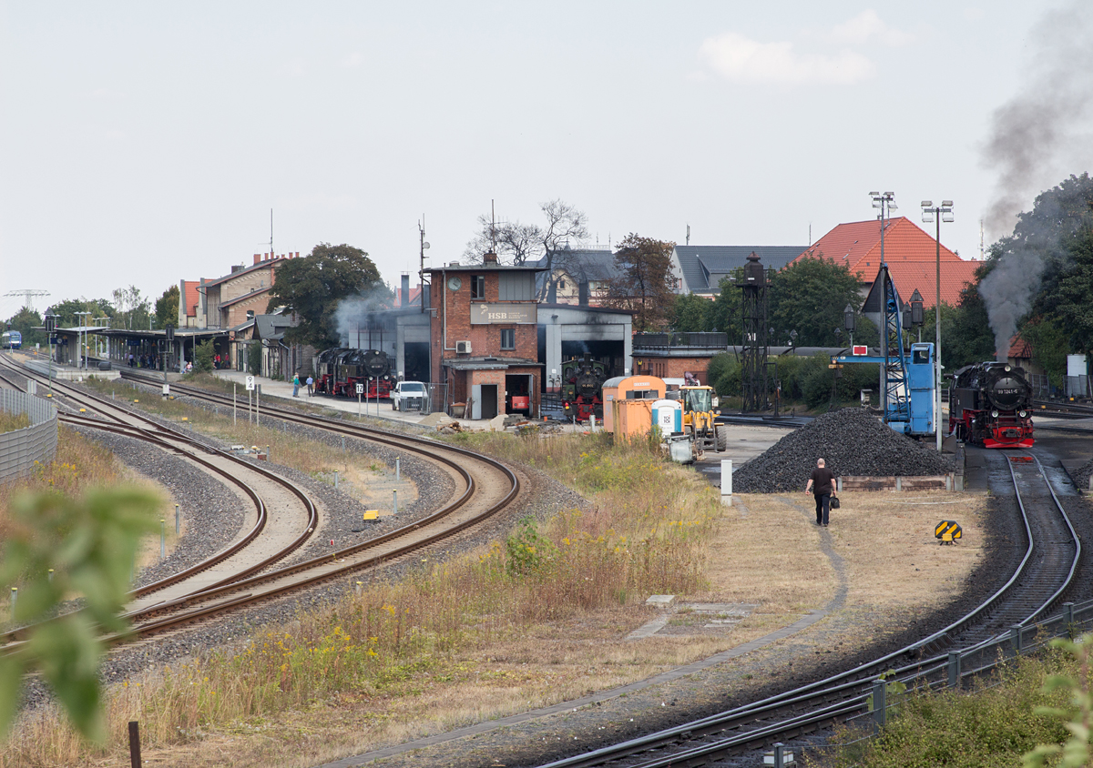 Ein Blick zum Bahnwerk der HSB in Wernigerode wurde am 19.08.16 im Bild festgehalten. Zu erkennen ist 99 7241-5 und einem (vermtl.) Lokführer auf seinem Weg zur Arbeit. Weiterhin sind im Lokschuppen 99 5902 und links 99 7235-7 zu erkennen.