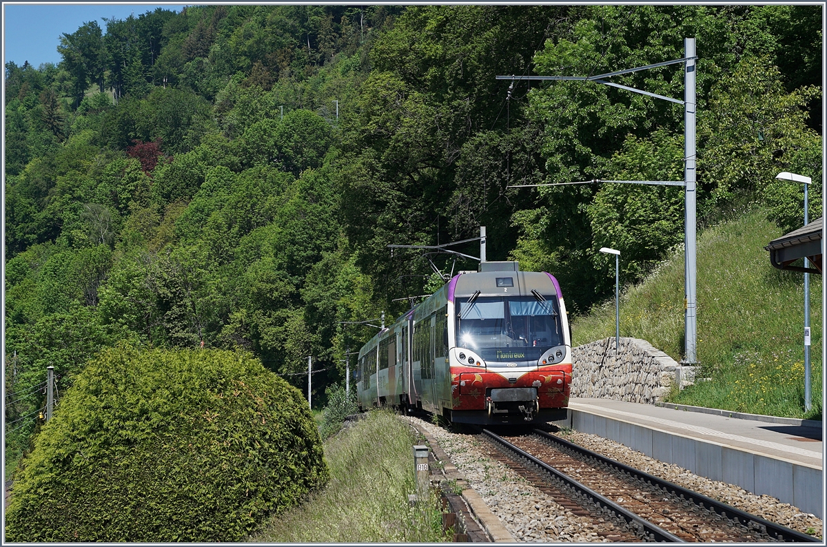 Fahrzeugumbau- und (Corona)-Fahrplanbedingt verkehrten die MOB Züge zwar stündlich, aber mit unterschiedlichen, nicht gemäss Jahresfahrplan vorgesehen Kompositionen, so auch dieser MOB  Lenkerpendel  Nankai Bt 242 - Be 4/4 5002 ABt 342 auf der Fahrt von Zweisimmen nach Montreux bei Sonzier. 

7. Mai 2020