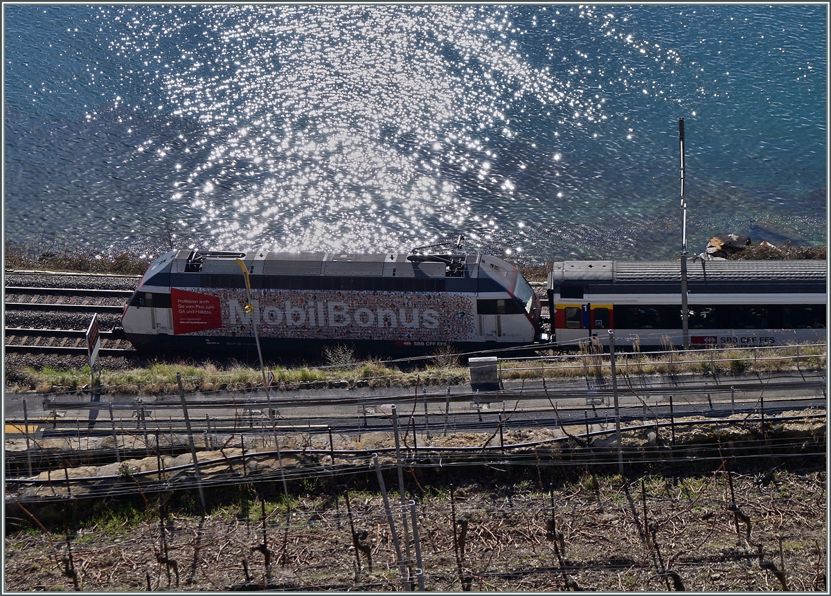 Kurze Zeit später zeigte sich die Re 460  Mobil Bonua im Gegenlicht kurz vor St-Saphorin.
22. Feb 2014