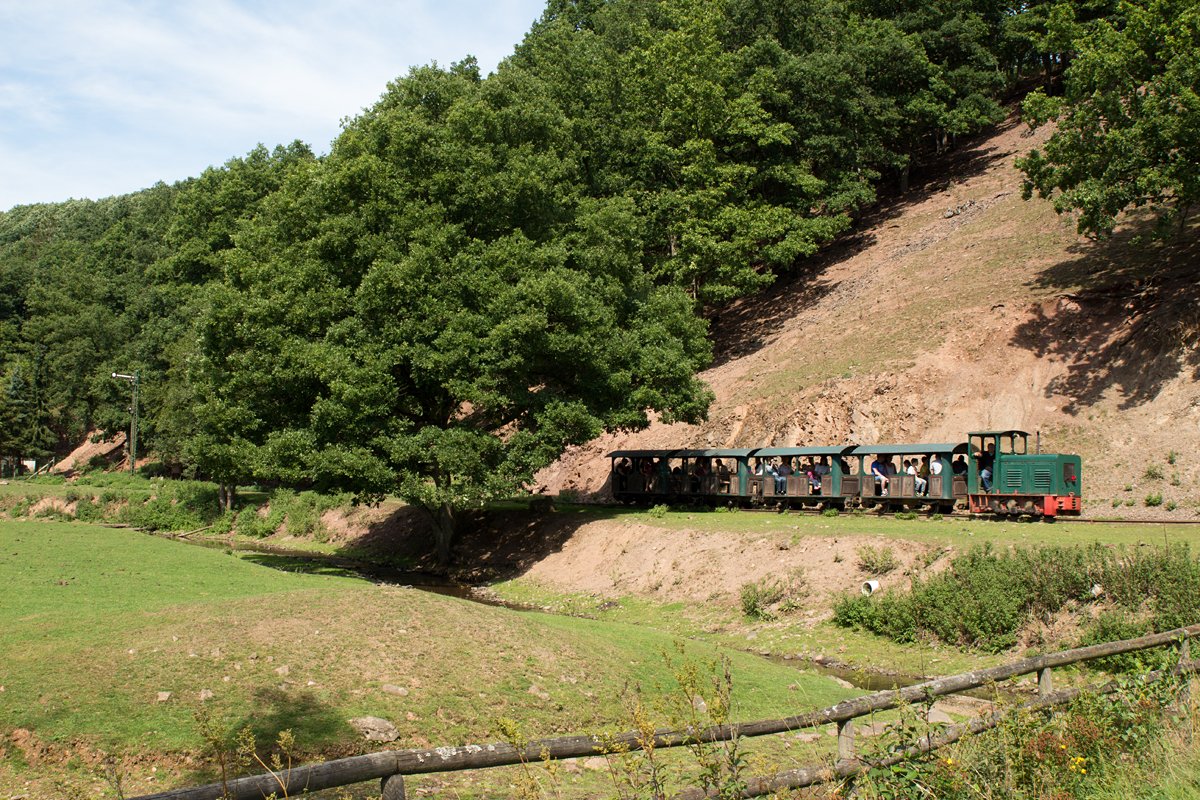 Nach ihrem Zwischenhalt zum Wild-Füttern setzte sich die Ns2f der Feldbahn des Eifelzoo´s Lünebach am 26.08.15 mit ihrem Zug wieder in Bewegung.