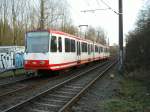 Ein Dortmunder Stadtbahnwagen B ist am 05.02.2005 zwischen Huckarde und Obernette unterwegs.