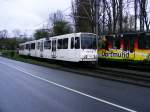 Zwei Stadtbahnwagen B der Dortmunder Stadtwerke sind am 3. April 2008 in Dortmund-Huckarde unterwegs.