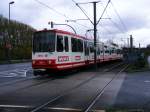 Ein Stadtbahnwagen B der Dortmunder Stadtwerke ist am 3. April 2008 an der Insterburger Strae in Dortmund-Huckarde unterwegs.