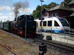 99 1782 und OLA-Triebwagen 701 am 13.Juni 2009 am Gemeinschaftsbahnsteig ...