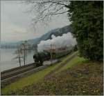Die  Pacific  01 202 dampft mit dem Alpine Steam Express beim Château de Chillon vorbei.