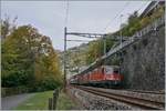 Die SBB Re 420 259-4 und eine weitere mit einem Güterzug in Richtung Wallis bei  der Station Veytaux-Chillon. 

20. Okt. 2020