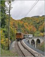 Vor dem Hintergrund des schon etwas bunten Herbstwalde fährt die Blonay-Chamby Bernina Ge 4/4 81 mit ihrem Personenzug bei  Vers-Chez-Robert  über die Baie de Clarens Brücke in Richtung Blonay.

11. Okt. 2020