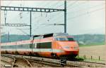 Lyria/150968/der-tgv-nach-paris-bei-der Der TGV nach Paris bei der Durchfahrt in Anrex. 
Frhjahr 1995