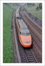 Lyria/290082/die-erste-tvg-lackierung-war-orange Die erste TVG Lackierung war orange. 
Scan/bei Lausanne, Mrz 1995