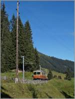 blm-bergbahn-lauterbrunnen-murren/373051/blm-be-44-23-kurz-vor BLM Be 4/4 23 kurz vor Winteregg. 
28. Aug. 2014