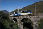 Der SSIF Treno Panoramico Vigezzo Vision D 61 P mit dem Be 4/4 Pp 84 an der Spitze überquert zwischen Trontano und Verigo den Steinbogen-Viadukt über den Rio Graglio. 10. Okt. 2019