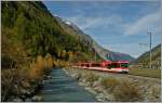 Trotz Nebensaison fahren meist zwei  Kommenten  als Regionalzug Brig - Zermatt, so wie hier der MGB Zug 250 von Zermatt nach Birg kurz vor Tsch.
21.10.2013