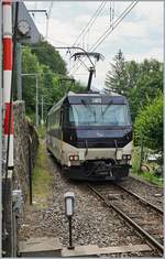 Zugkreuzung des MOB PE 2115 Zweisimmen - Montreux und des Gegenzugs PE 2122 in Chamby: Und weiter geht die Fahrt des MOB Panoramic Express PE 2115 mit der schiebenden Ge 4/4 5004 am Zugsschluss    13.