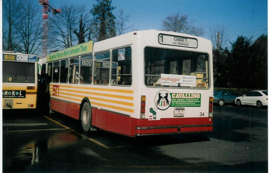 (021'620) - STI Thun - Nr. 34/BE 443'834 - Volvo/R&J (ex SAT Thun Nr. 34) am 8. Februar 1998 bei der Schifflndte Thun