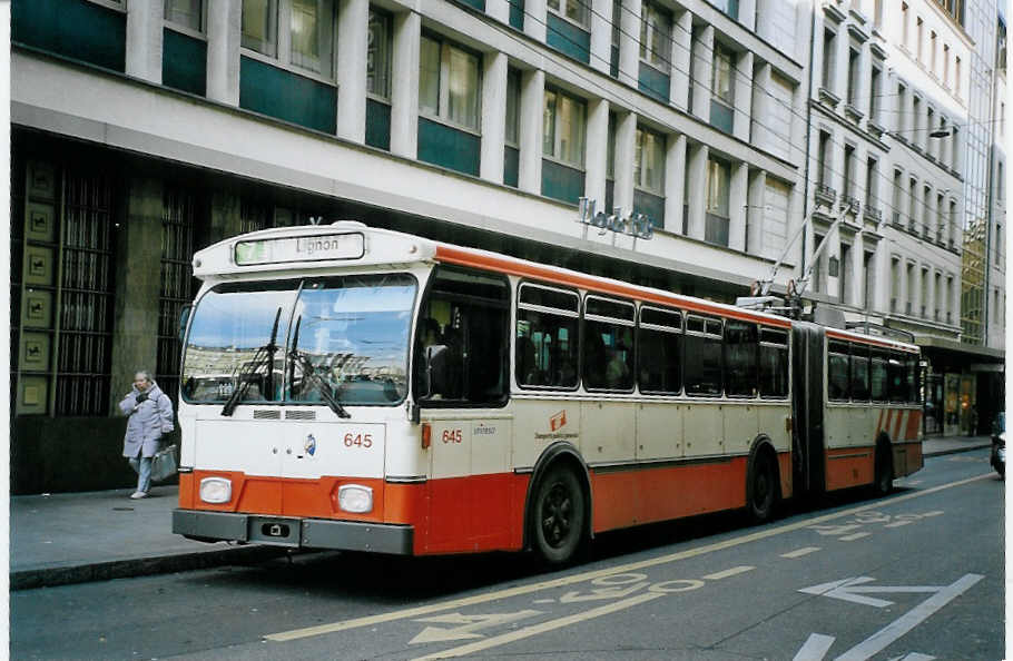 (074'935) - TPG Genve - Nr. 645 - FBW/Hess Gelenktrolleybus am 24. Februar 2005 in Genve, Bel-Air