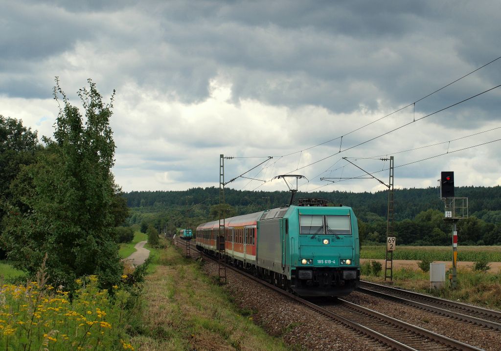 185 619-4 fuhr mit einer S3 von Nrnberg Hbf nach Neumarkt in der Oberpfalz durch Plling am 10.8.11.