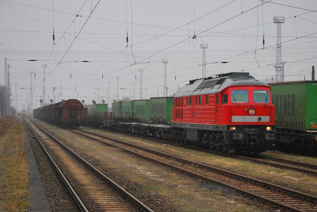 232 240 steht am trben 24.01.2011 mit ihrem Zug nach Eberswalde in Rostock-Seehafen.