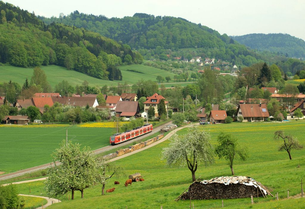 425 310-9 kam am 24.4.11 als Regionalbahn nach Backnang durch Schleiweiler gefahren und wird gleich Sulzbach erreichen.